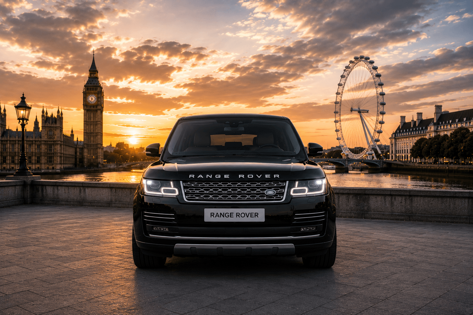 Black Range Rover at sunset with Big Ben and the London Eye — luxury chauffeur hire